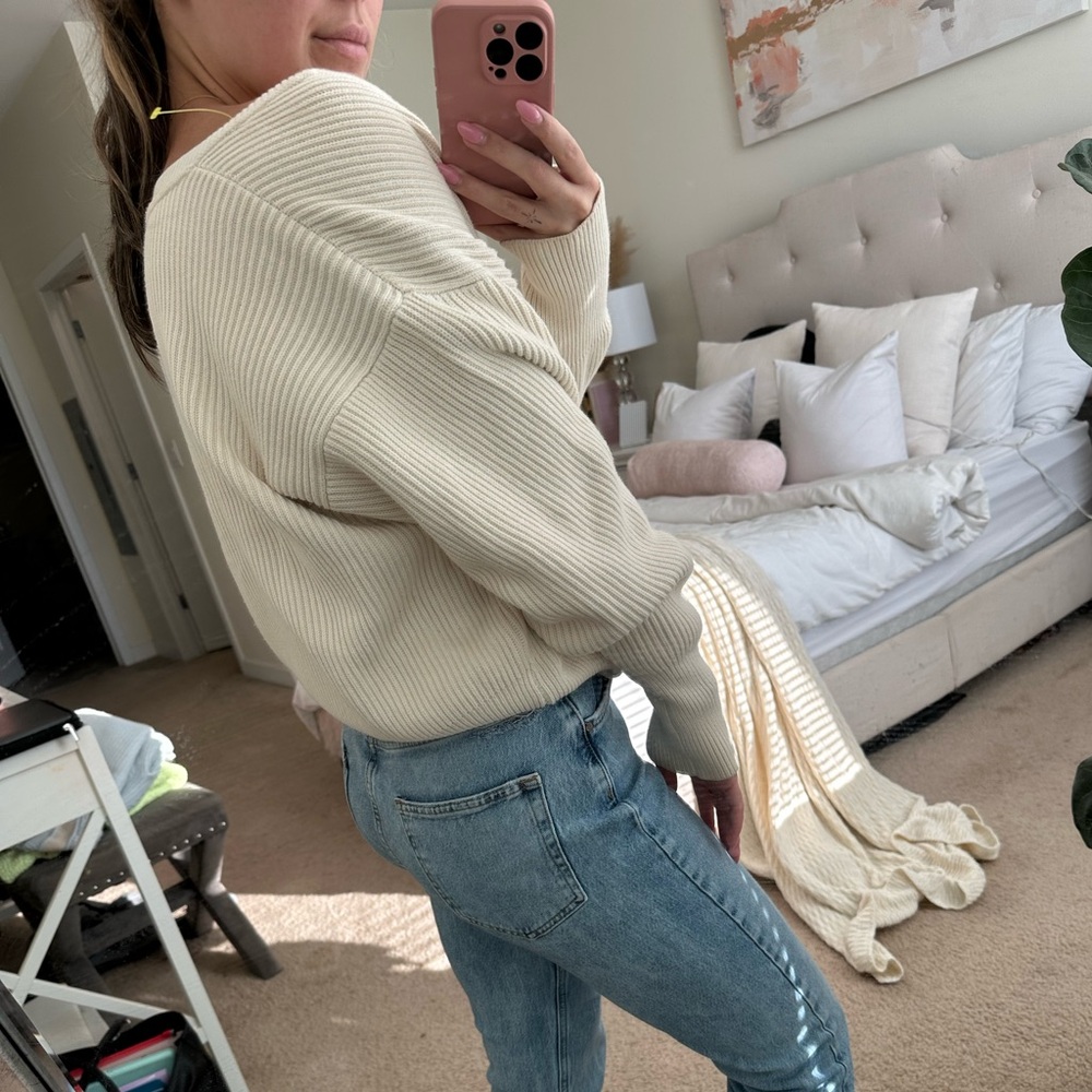 Women's Cream V-Neck Sweater - Picture 2 of 6